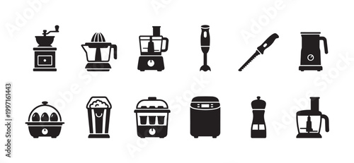 A collection of clean, black vector icons representing various kitchen appliances on a white background, perfect for culinary websites or app design.