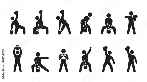 Collection of black silhouette icons illustrating various kettlebell exercises and workout poses against a clean white background.