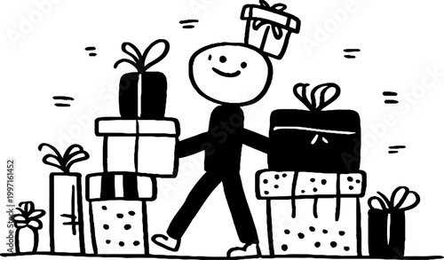 Person carrying multiple gift packages while walking in sketch