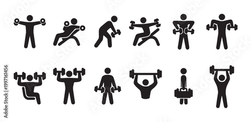 A black and white vector illustration featuring a collection of simple pictogram icons depicting various weightlifting and fitness exercises with dumbbells and barbells.