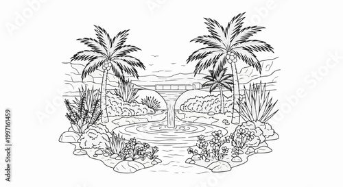 A serene oasis with two tall palm trees, a waterfall, and lush vegetation