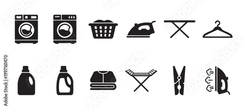 A collection of clean, modern black icons representing laundry day essentials like a washing machine, basket, iron, and clothes hanger on a white background.
