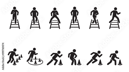 A set of black vector icons showing figures climbing ladders and running through an obstacle course of cones against a white background, representing progress, challenges, and agility.