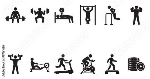 A collection of black fitness icons illustrates various exercises including weightlifting, cardio, and bodyweight training, suitable for health and fitness concepts.