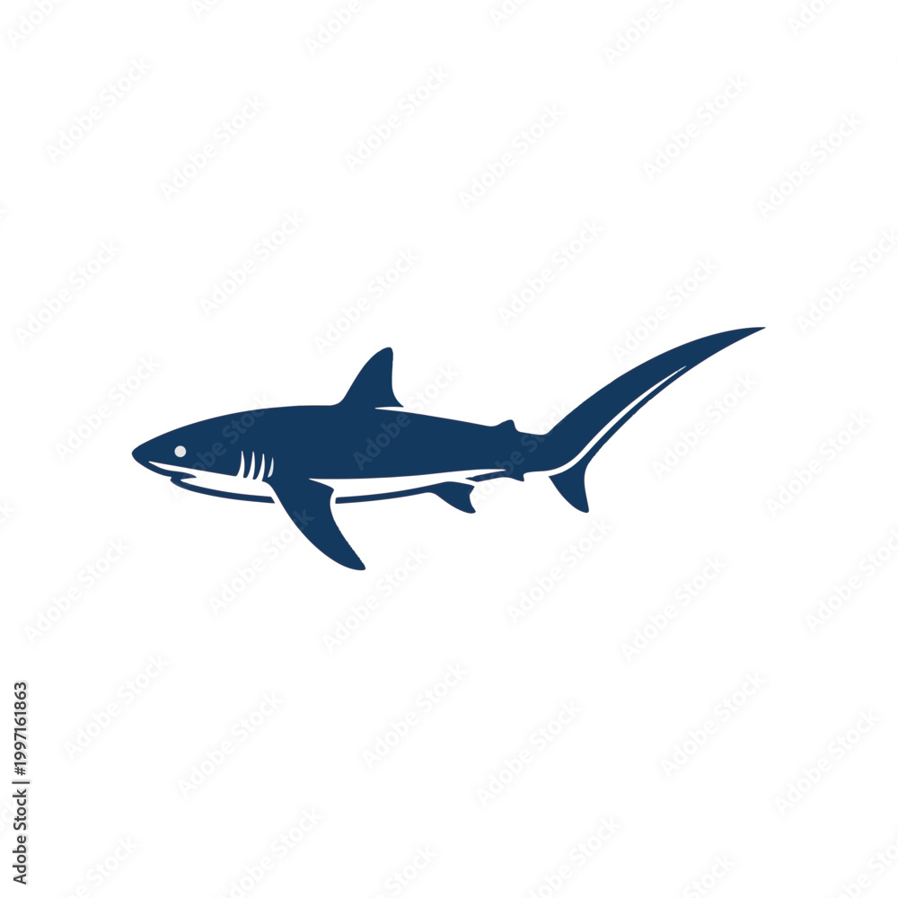 Fototapeta premium A dark blue silhouette of a shark with a streamlined body and sharp fins, depicted against a stark white background.