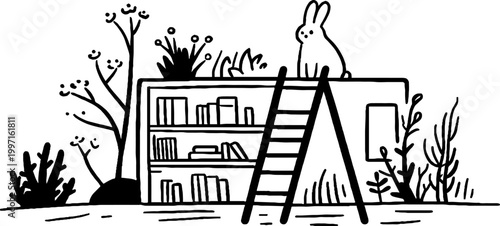 Rabbit sitting on rooftop bookshelf with ladder outdoors