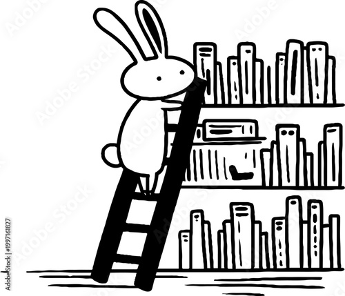 Rabbit reaching for book on tall library shelf indoors