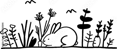 Rabbit resting among plants in simple line garden illustration