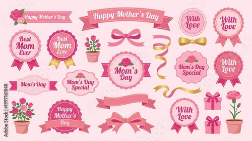 Mother's Day vector design elements set featuring lovely pink ribbons, badges, floral illustrations, and gift boxes, perfect for greeting cards, banners, and special celebration decorations.