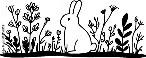 Rabbit sitting among wildflowers in grass border illustration
