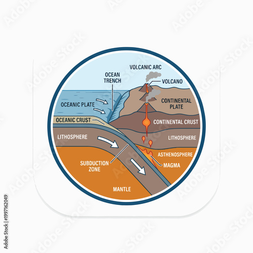 Oceanic-continental convergence showing subduction, ocean trench, volcanic arc, magma rising, and tectonic plates.