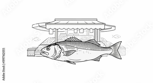 A large fish is displayed in front of a market stall selling seafood