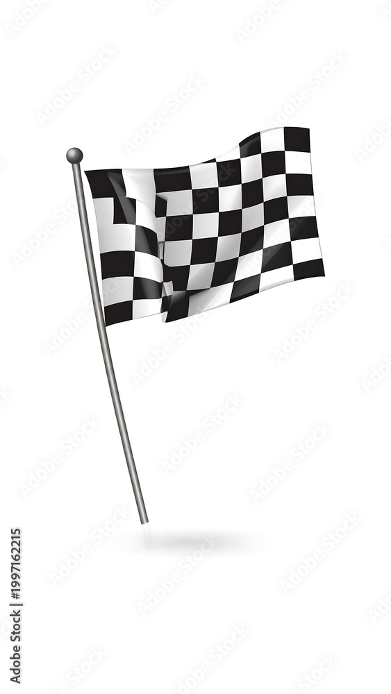 Fototapeta premium Digital image depicts a fluttering checkered flag on a pole, against a white backdrop. Realistic shadow suggests 3D rendering