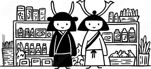 Two children standing and shopping in grocery store shelves