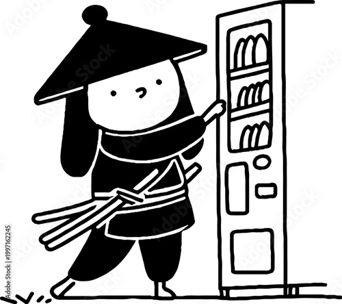 Person in conical hat inserting item into vending machine