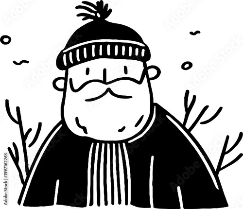 Bearded man wearing knit hat standing in winter bushes