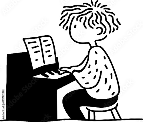 Child playing piano on stool in simple indoor setting