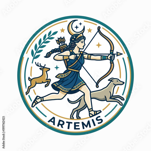 Mythological Artemis, goddess of the hunt, with bow and arrow, accompanied by dogs and a deer, under a crescent moon and stars.