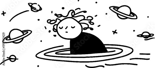 Person floating with closed eyes amid planets in space