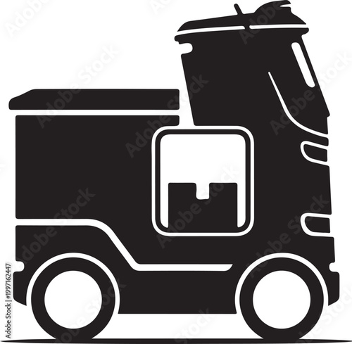 Black garbage truck, waste management vehicle, sanitation truck, trash collector icon