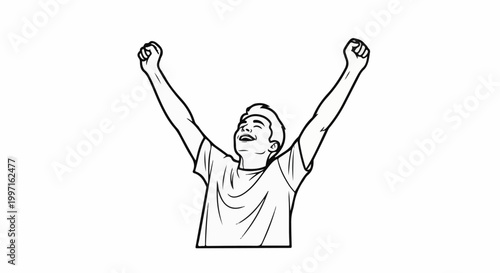 A joyful person celebrates by raising both arms in the air with eyes closed