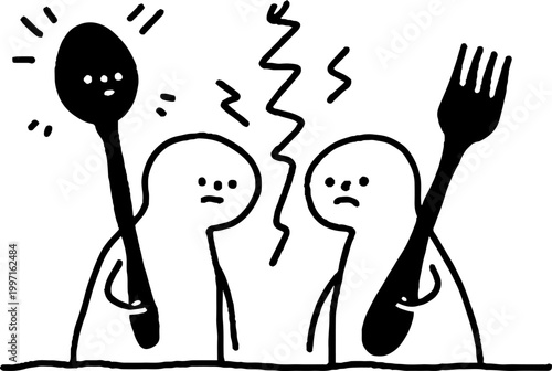 Two figures holding spoon and fork arguing over table scene