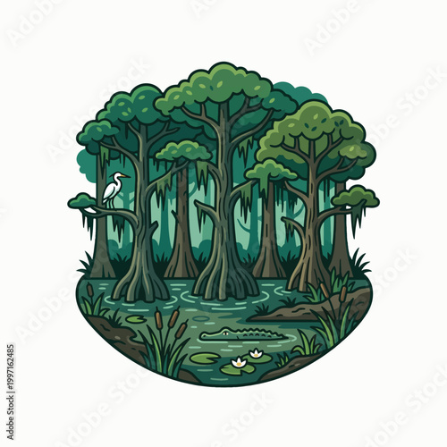 A stylized illustration of a lush swamp scene featuring cypress trees, moss, an egret, an alligator, and water lilies.