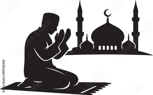 Muslim Man Making Dua Near Mosque Silhouette Vector, Islamic Prayer Line Art for Ramadan and Religious Design