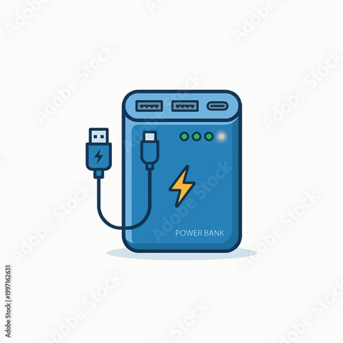 A blue power bank with USB ports and a charging cable is depicted. It has a lightning bolt symbol and charging indicator lights.