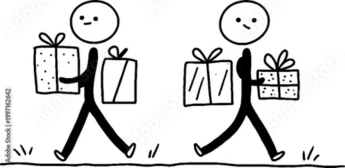 Stick figures carrying gifts while walking on flat ground