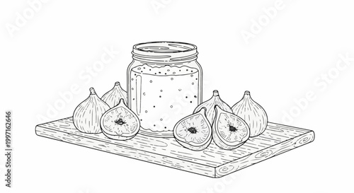A jar of preserves and figs arranged on a wooden cutting board
