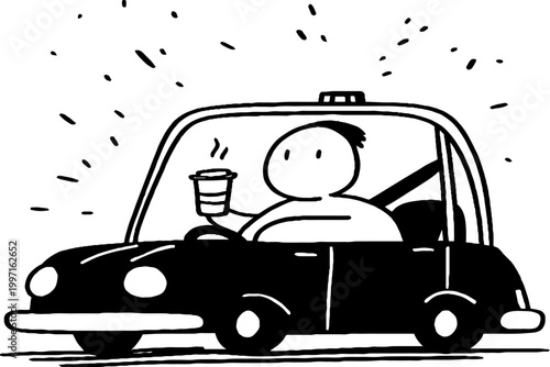 Taxi driver holding coffee while driving in street