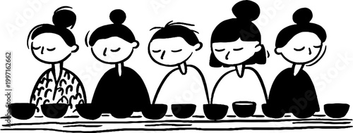 Five women seated with bowls on communal dining table