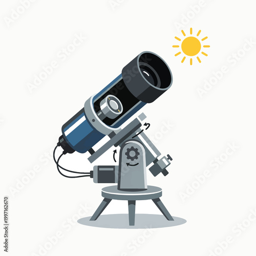A modern telescope with an equatorial mount and a sun icon. It looks ready for astronomical observation.