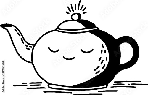 Smiling teapot resting on flat surface in white background