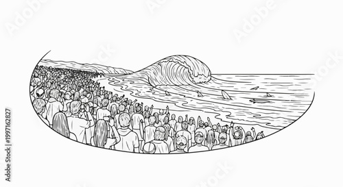 A large crowd watches a massive wave crash onto a crowded beach
