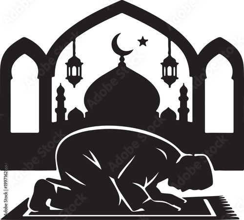 Muslim Worshipper in Sujood Mosque Arch Vector, Islamic Prayer Silhouette for Ramadan and Eid Graphics