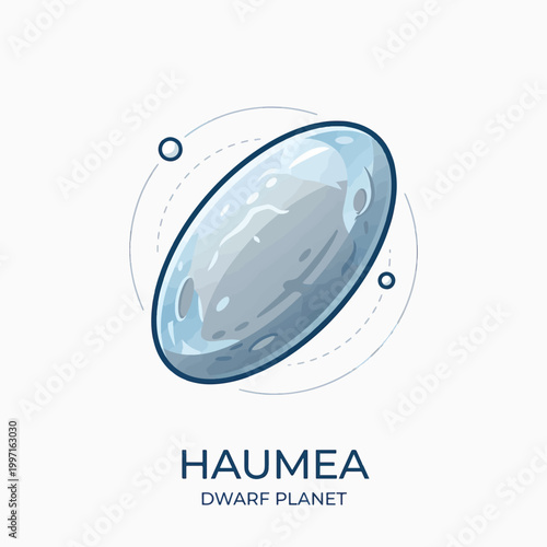 An oval, light blue dwarf planet with craters, orbiting a star with two smaller moons.