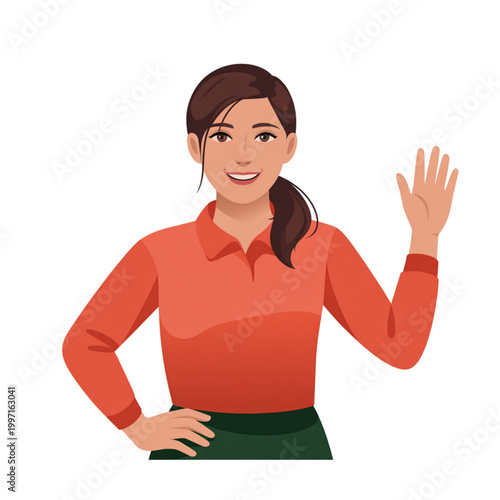 Bild auf Leinwand Happy young woman waving hand, friendly female character saying hello, greeting