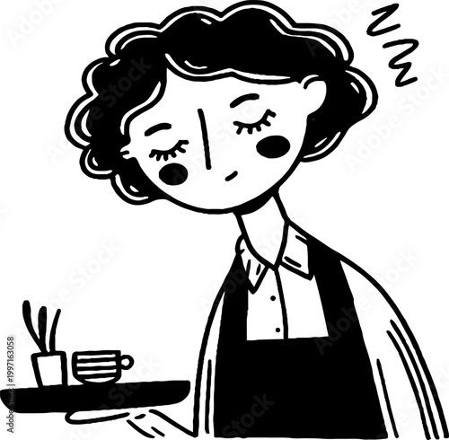 Female server dozing while holding tray in cafe setting
