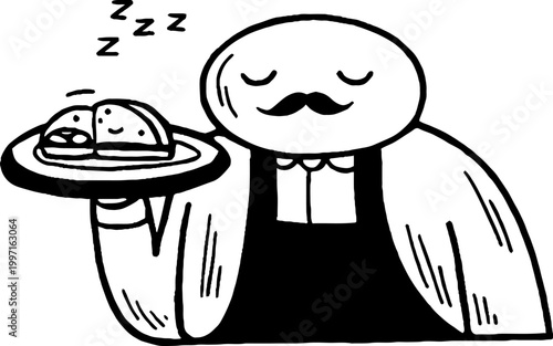 Waiter sleeping while holding plate in kitchen setting