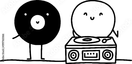 Record character standing next to turntable on plain surface