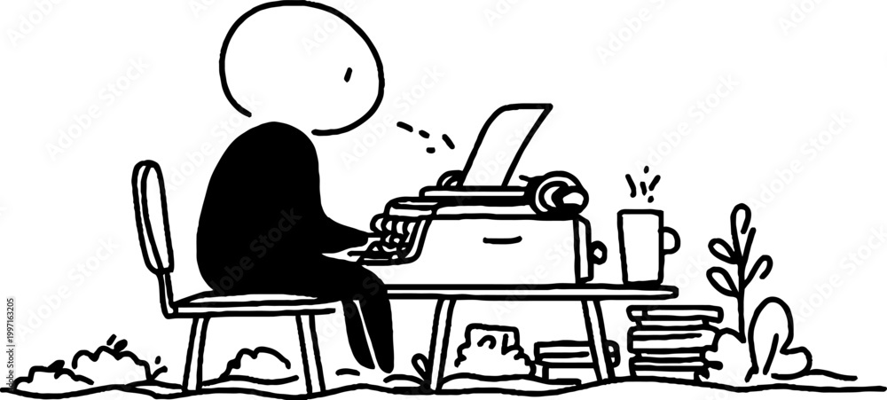 Fototapeta premium Person typing on typewriter at outdoor desk with coffee