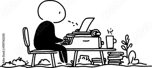 Person typing on typewriter at outdoor desk with coffee