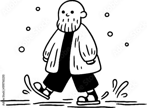 Bearded man walking through puddles on wet ground outdoors