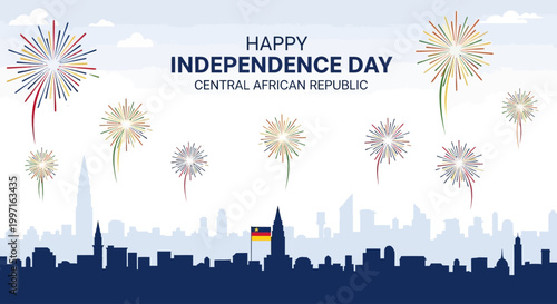 Happy Independence Day Central African Republic celebration with city skyline and fireworks.