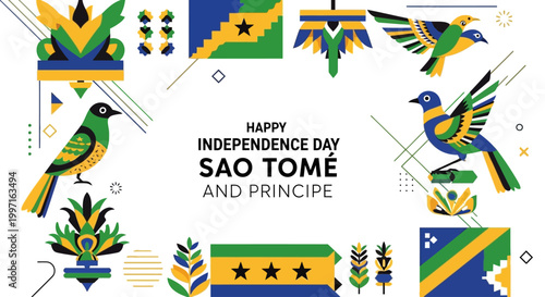 Sao Tome and Principe Independence Day vector illustration with geometric patterns and birds.