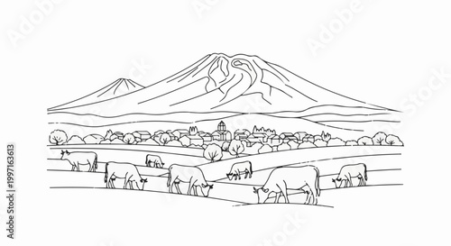 A pastoral scene depicting cows grazing in fields before a village and mountains