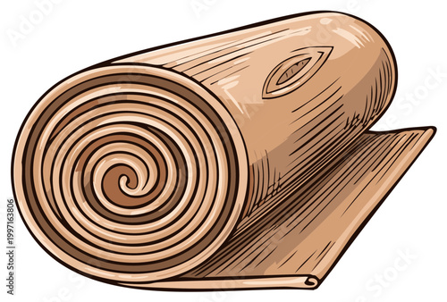 Rolled up wooden bark with detailed textures, wood, and line art illustrations