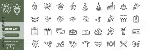 Birthday celebration line icons set party popper cake gift box balloons candle party hat bunting & more vector illustration with editable stroke.